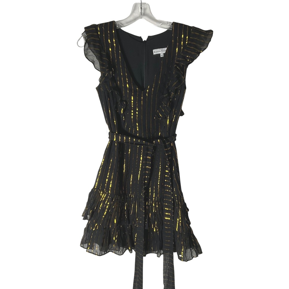 Karina Grimaldi‎ Dress Ruffle V-Neck Mini Black Gold Metallic Striped Size XS